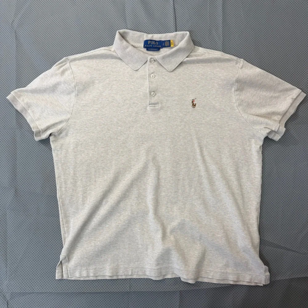 Polo Ralph Lauren Men L Oatmeal Heather Custom Slim Fit Polo Multicolor Pony